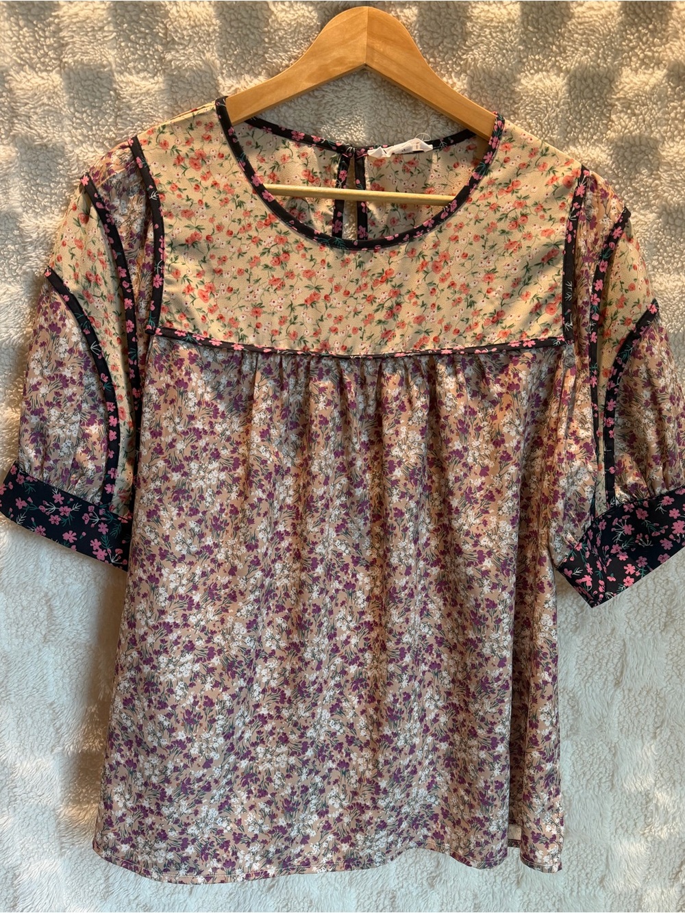 THML Floral Mixed-Print Short Sleeve Blouse Size Medium boho